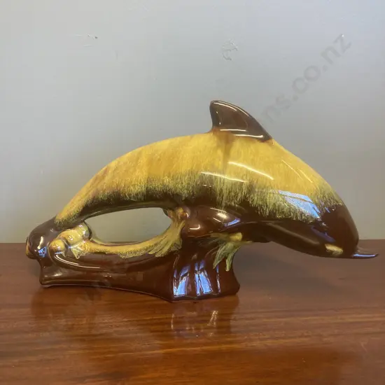 Vintage Blue Mountain Pottery Harvest Gold Glaze Pottery Dolphin, 17 x 32cm