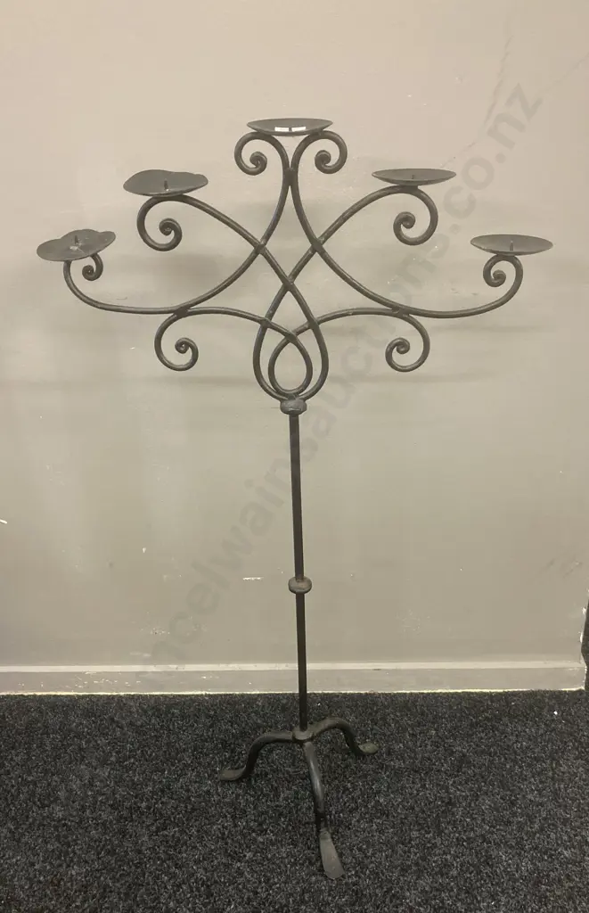 Vintage Black Wrought Iron Floor Standing Candelabra, 5 Candle, 94.5 x 55cm Image 1++