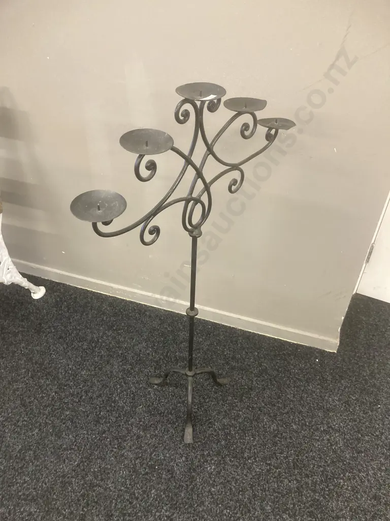 Vintage Black Wrought Iron Floor Standing Candelabra, 5 Candle, 94.5 x 55cm Image 1++