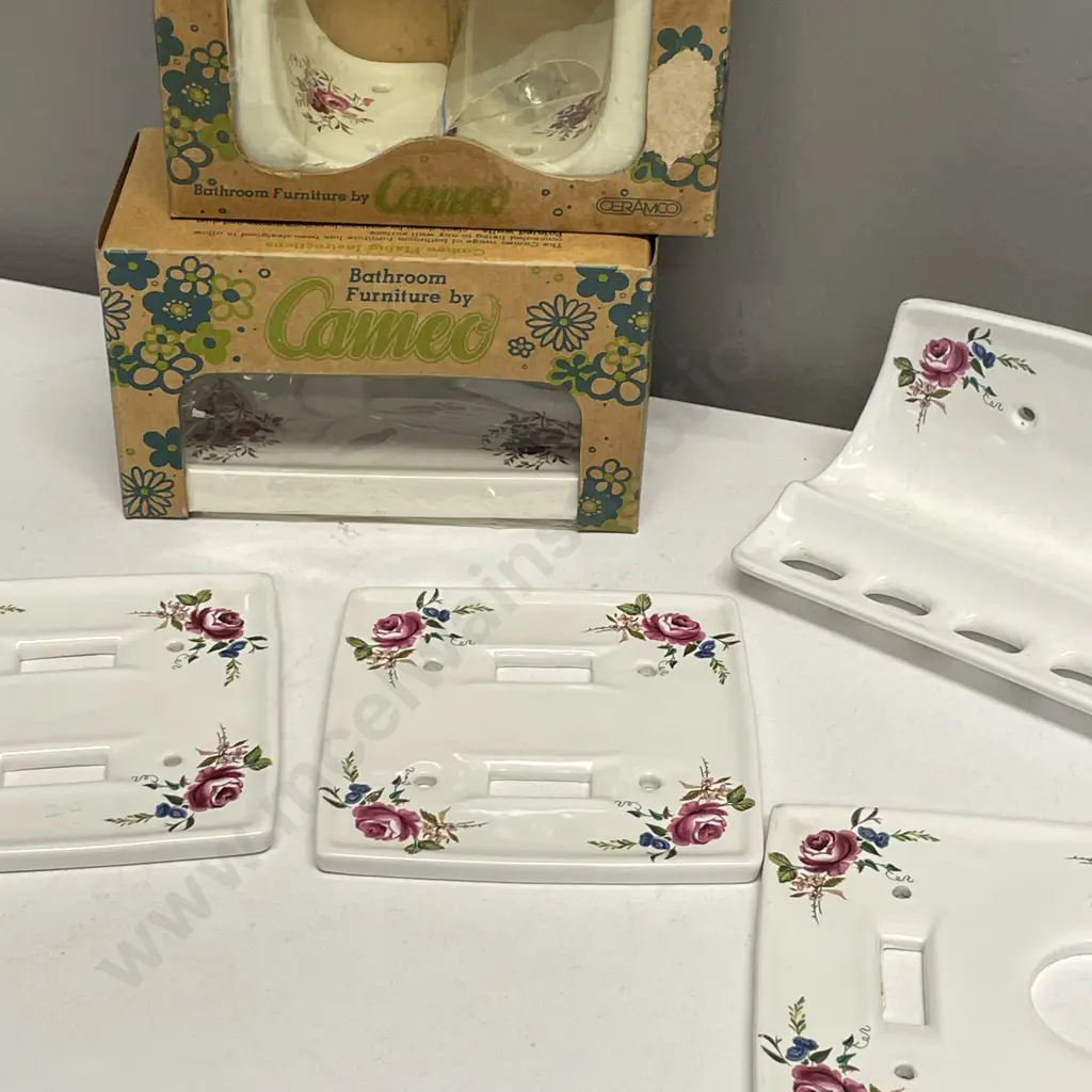 Vintage Crown Lynn Bathroom items: Towel Rail, Soap & Toothbrush holder with 2 light switch covers and power point cover Image 1++