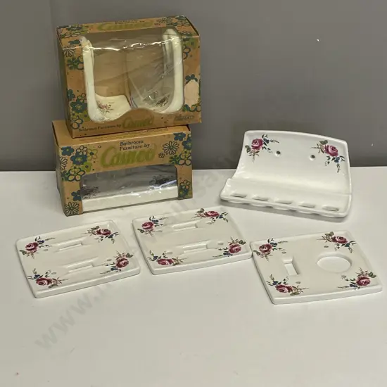 Vintage Crown Lynn Bathroom items: Towel Rail, Soap & Toothbrush holder with 2 light switch covers and power point cover