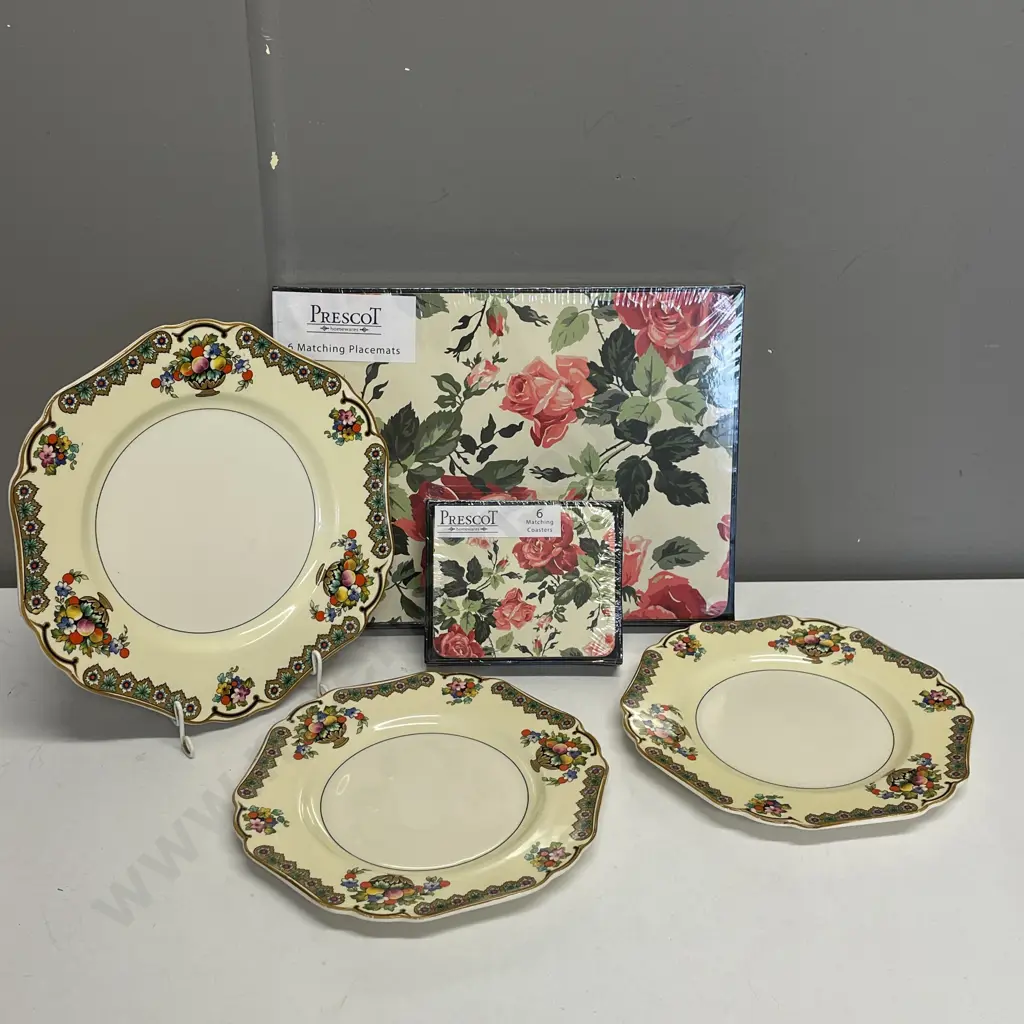 As new Boxed Prescot Placemat and Coaster Rose pattern Sets with 3 x John Hancock Plates Image 1++