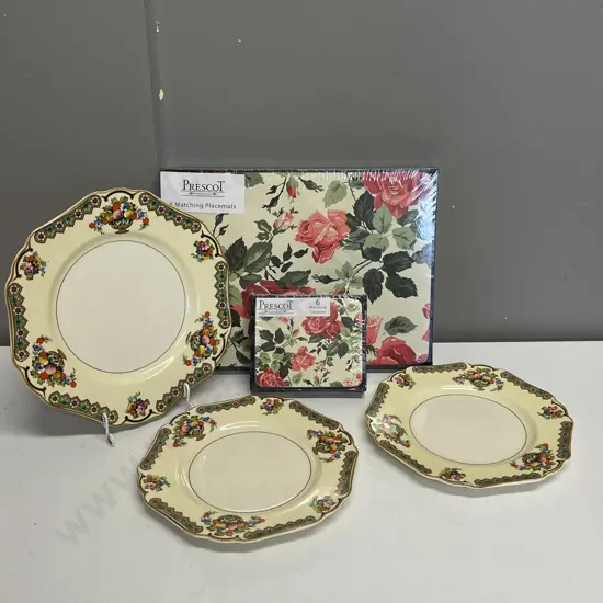 As new Boxed Prescot Placemat and Coaster Rose pattern Sets with 3 x John Hancock Plates