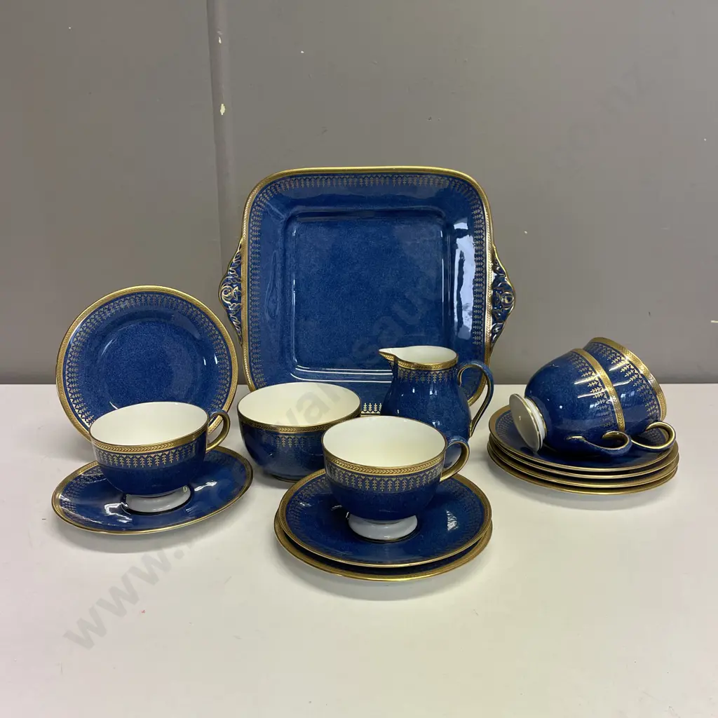 Stunning Vintage Wedgwood Teaware - Mottled blue ground with gilded border. Cake plate, 4 trios, milk and sugar Image 1++