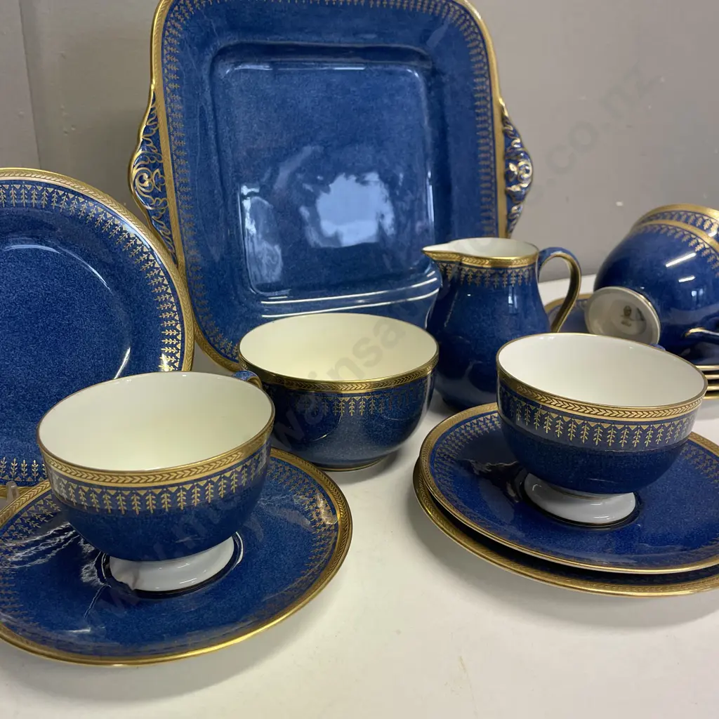Stunning Vintage Wedgwood Teaware - Mottled blue ground with gilded border. Cake plate, 4 trios, milk and sugar Image 1++