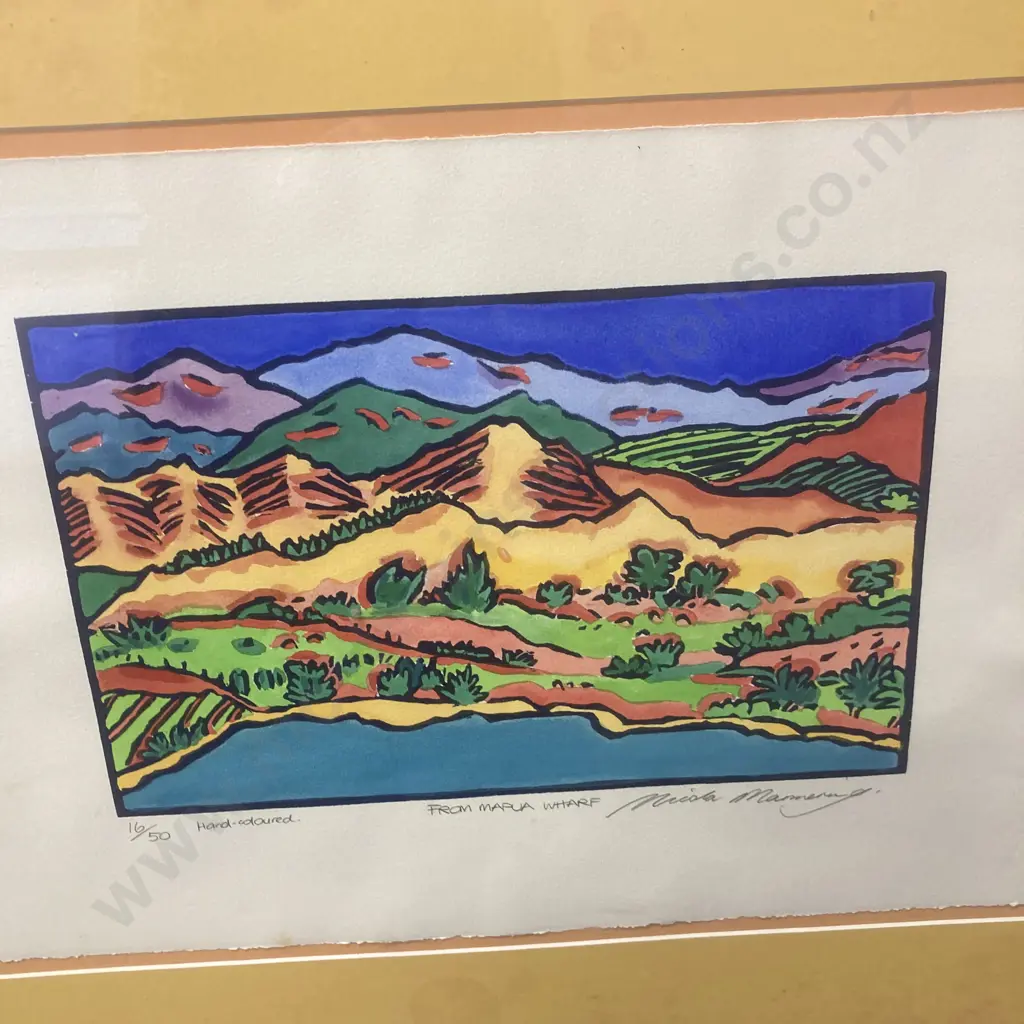 Large Limited Edition 16/50 Hand-coloured Artwork 'From Mapua Wharf' by Nicola Mannering, Glazed Frame, 58 x 76cm Image 1++