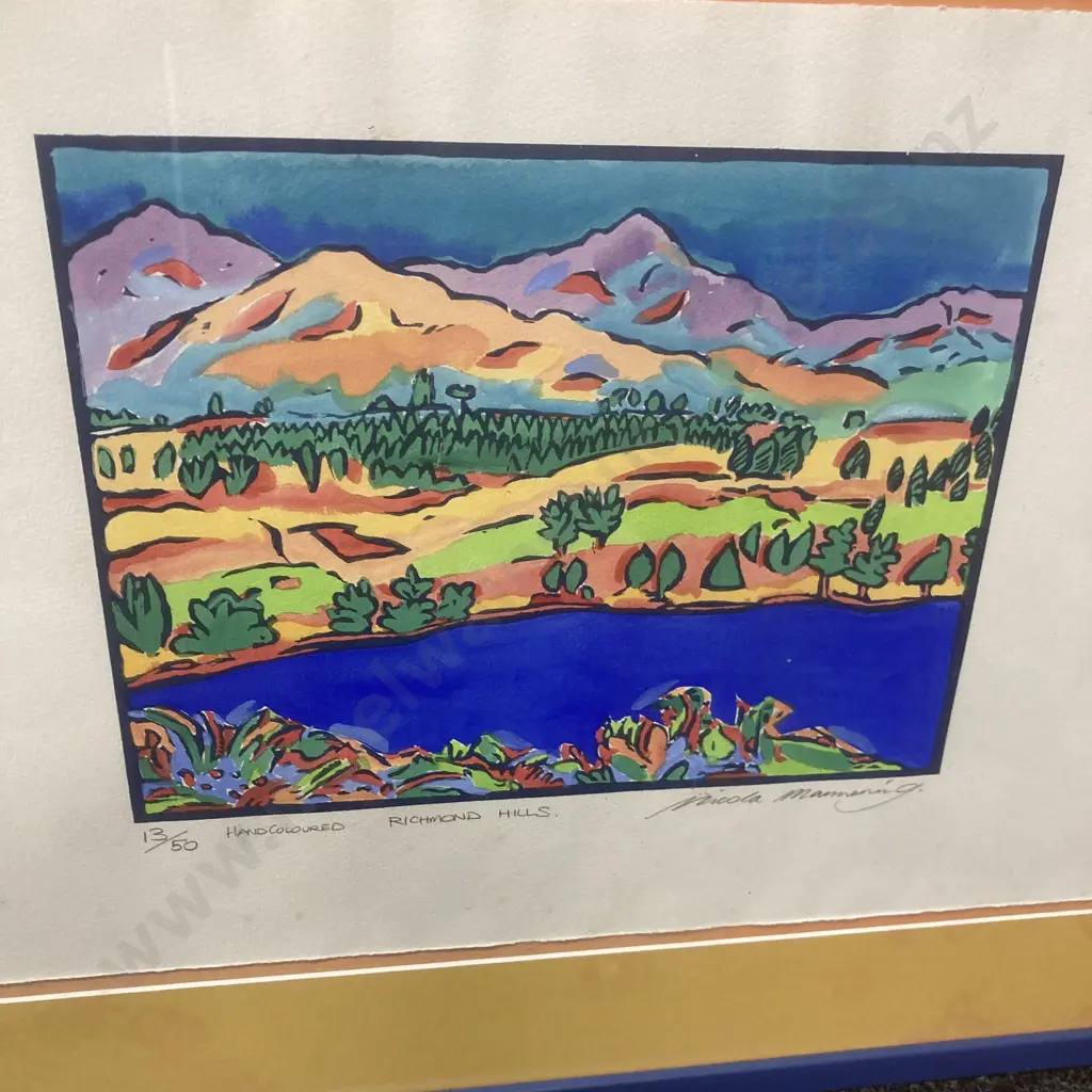 Large Limited Edition 13/50 HandColoured Artwork 'Richmond Hills' by Nicola Mannering, Glazed Frame, 58 x 76cm Image 1++
