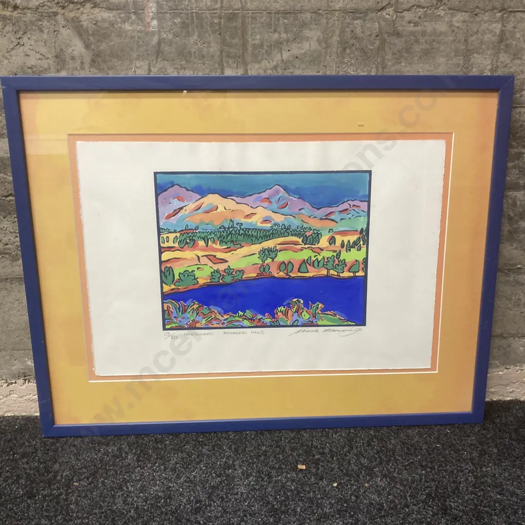 Large Limited Edition 13/50 HandColoured Artwork 'Richmond Hills' by Nicola Mannering, Glazed Frame, 58 x 76cm Image 1++