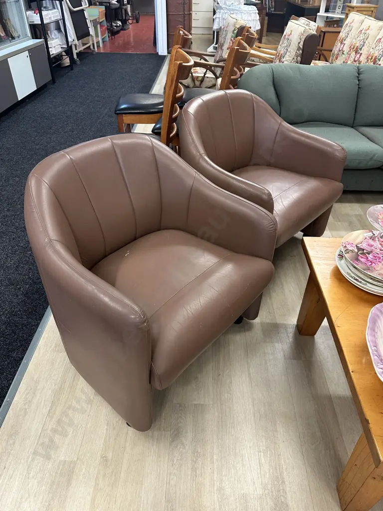 Pair of Brown Leather Tub Chairs On Castors Image 1++