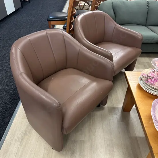 Pair of Brown Leather Tub Chairs On Castors