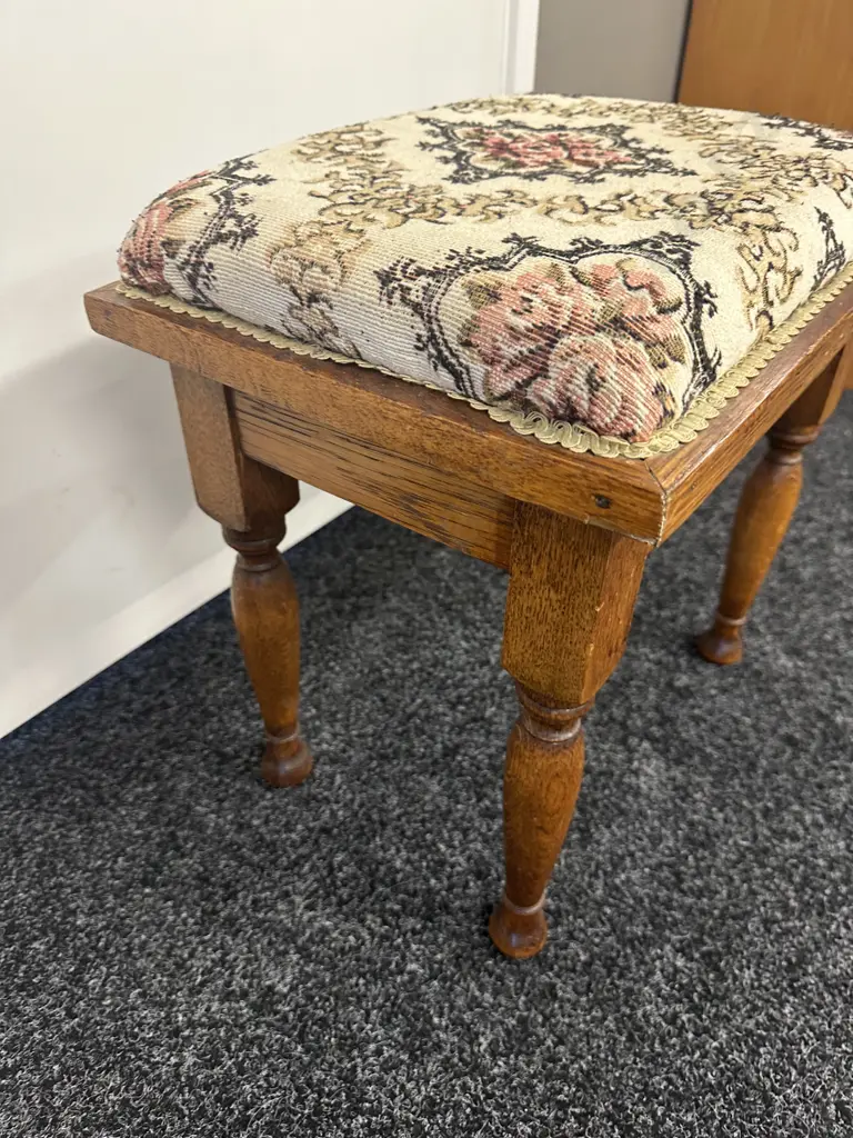 Vintage Oak Stool With Floral Fabric Seat H43, W44, D32cm. Image 1++