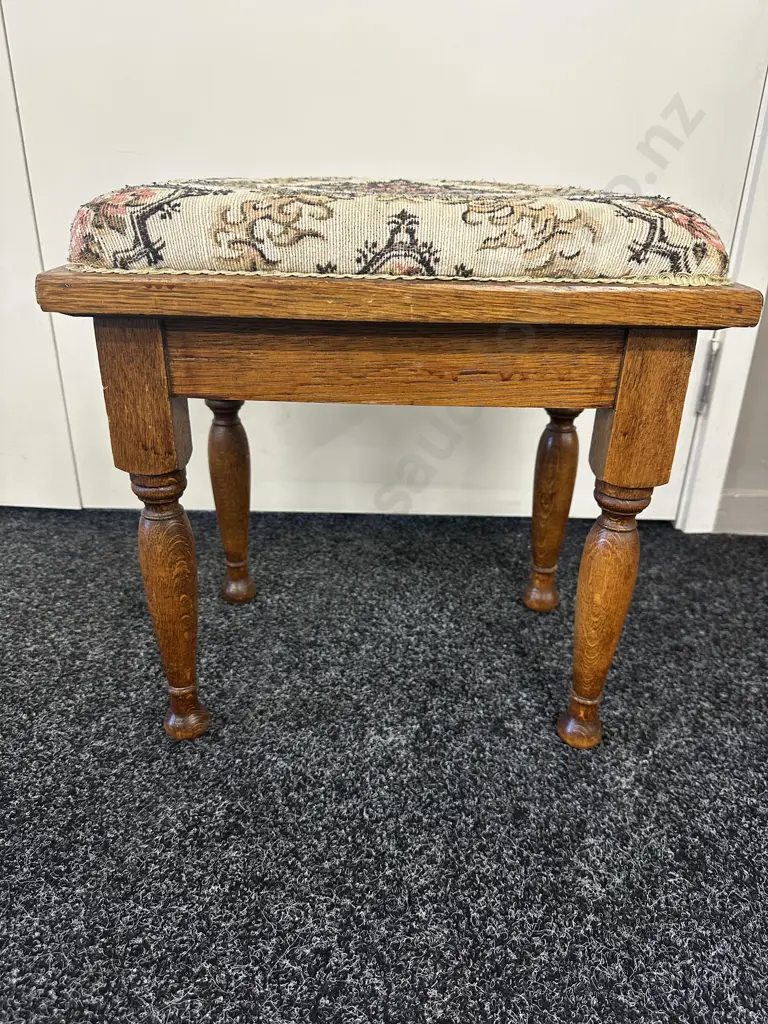 Vintage Oak Stool With Floral Fabric Seat H43, W44, D32cm. Image 1++