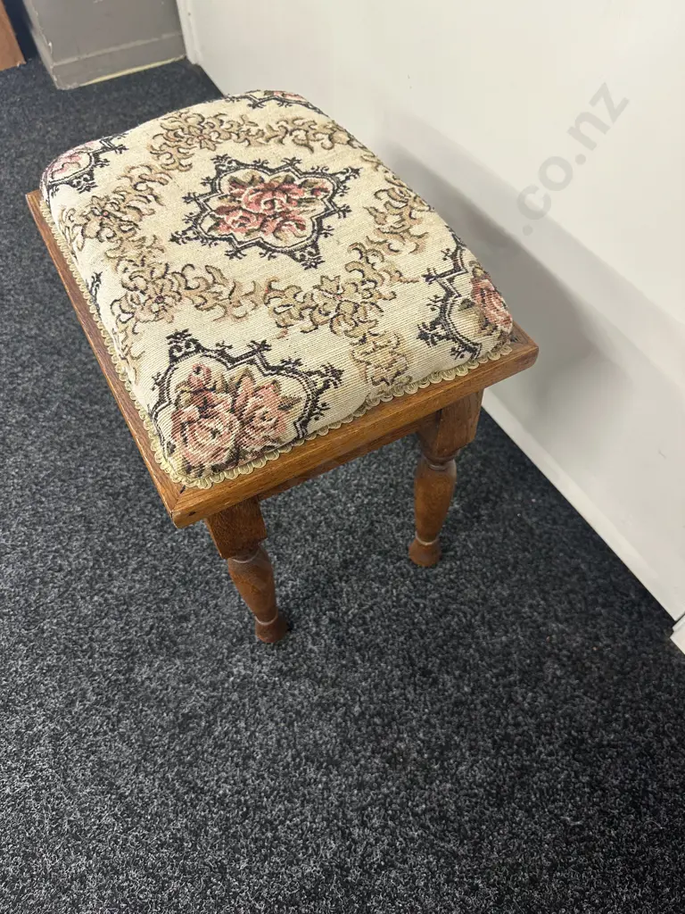 Vintage Oak Stool With Floral Fabric Seat H43, W44, D32cm. Image 1++