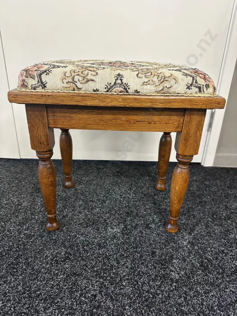 Vintage Oak Stool With Floral Fabric Seat H43, W44, D32cm. Image 1++