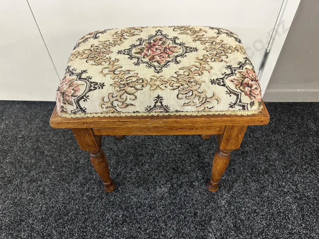 Vintage Oak Stool With Floral Fabric Seat H43, W44, D32cm. Image 1++