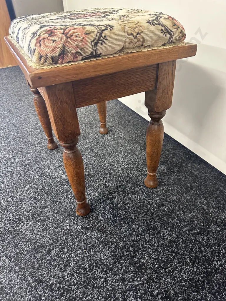 Vintage Oak Stool With Floral Fabric Seat H43, W44, D32cm. Image 1++