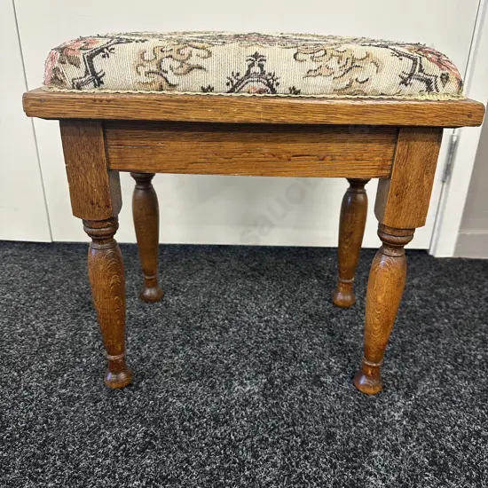 Vintage Oak Stool With Floral Fabric Seat H43, W44, D32cm.