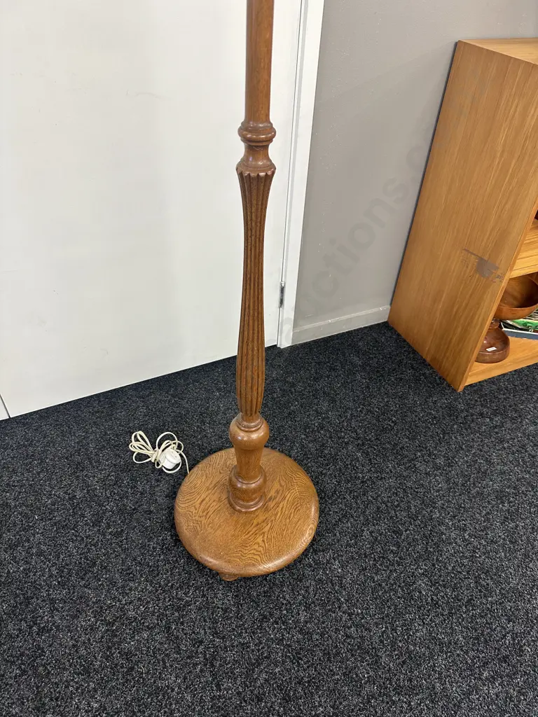 Vintage Oak Standard Lamp With Cream Shade H188cm. Image 1++