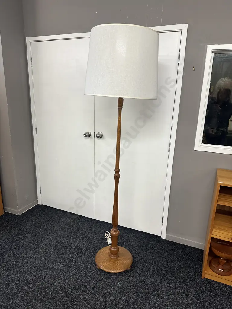 Vintage Oak Standard Lamp With Cream Shade H188cm. Image 1++