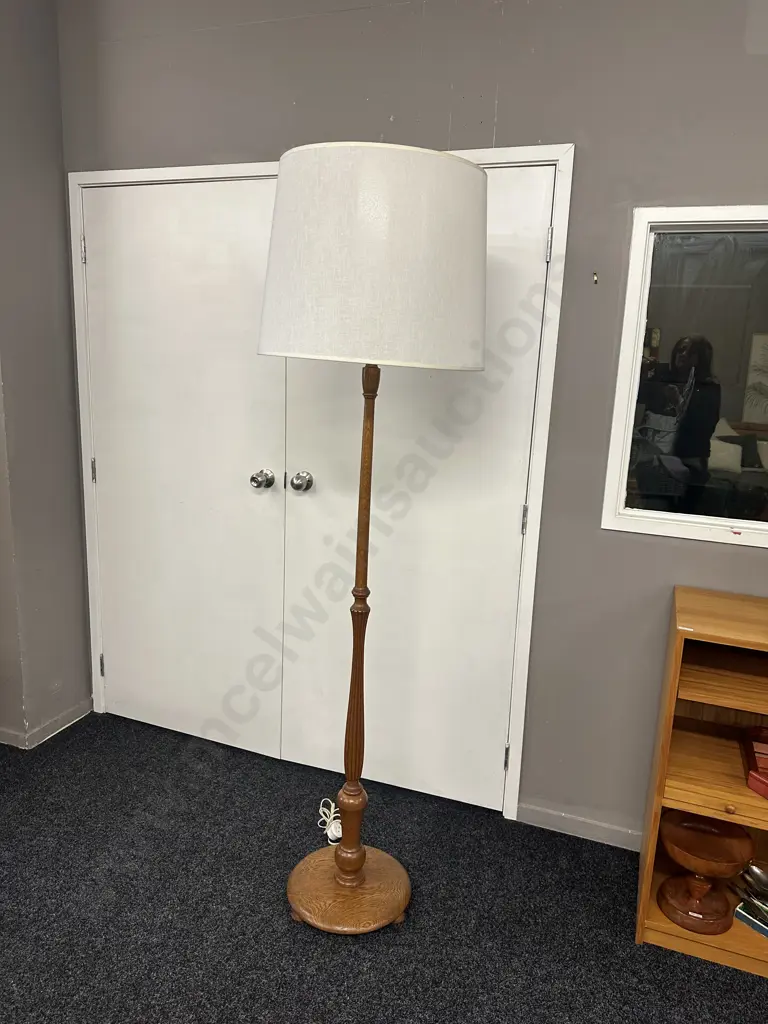 Vintage Oak Standard Lamp With Cream Shade H188cm. Image 1++