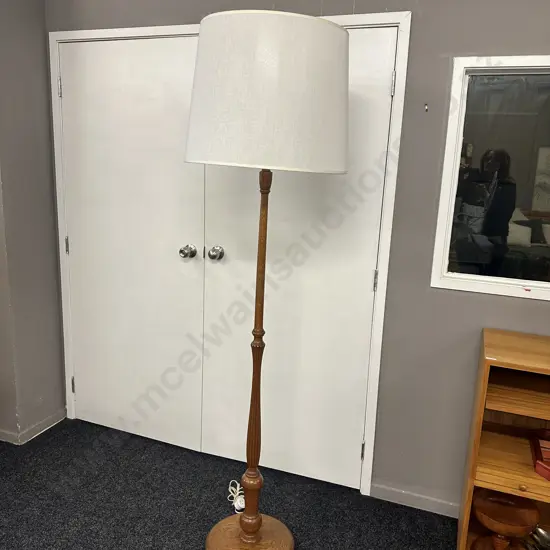 Vintage Oak Standard Lamp With Cream Shade H188cm.