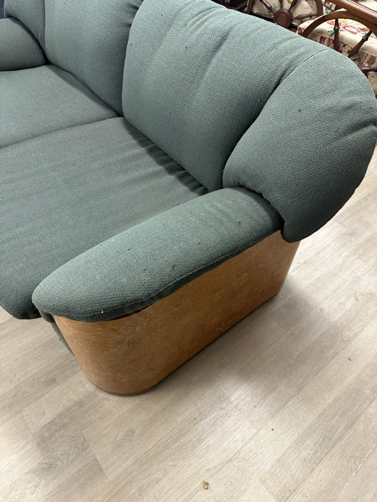 Vintage Pierre Cardin Paris 2 Seater Couch, Walnut Veneer & Brass Detailing, H70 W157 D79cm (As Found Condition) Image 1++