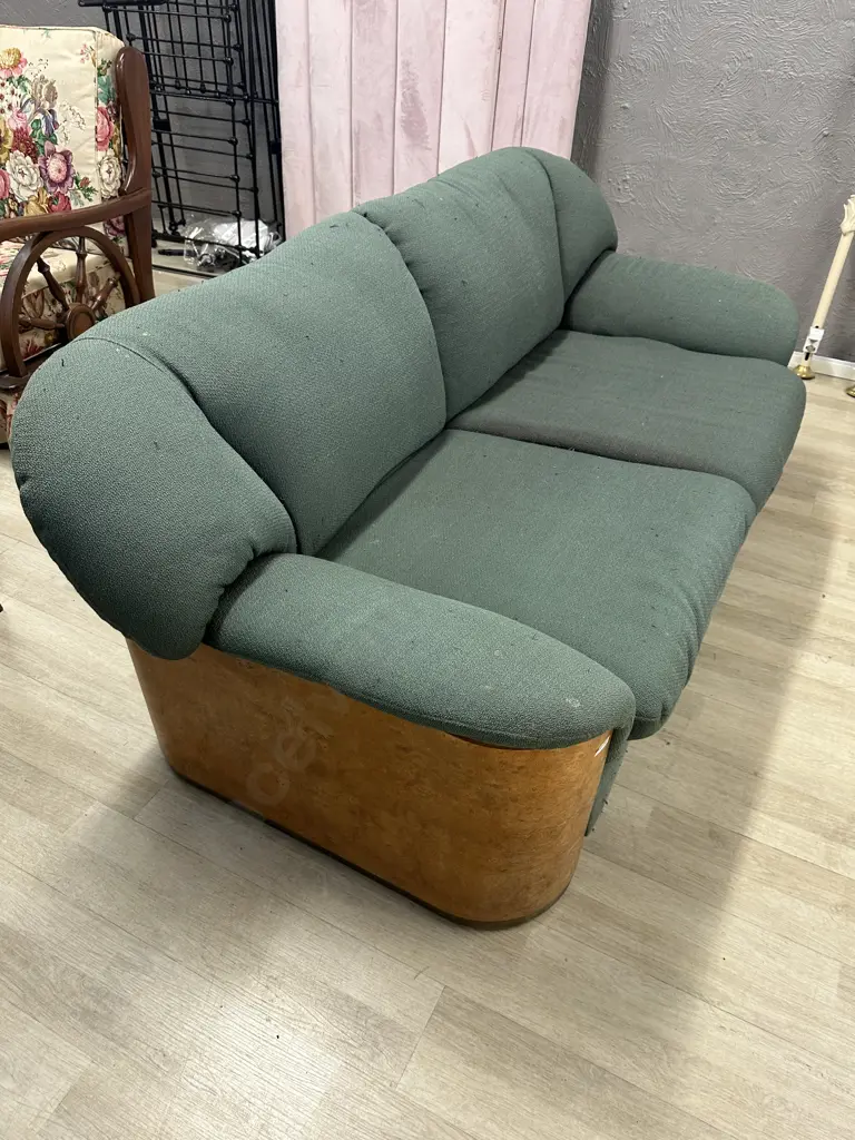 Vintage Pierre Cardin Paris 2 Seater Couch, Walnut Veneer & Brass Detailing, H70 W157 D79cm (As Found Condition) Image 1++