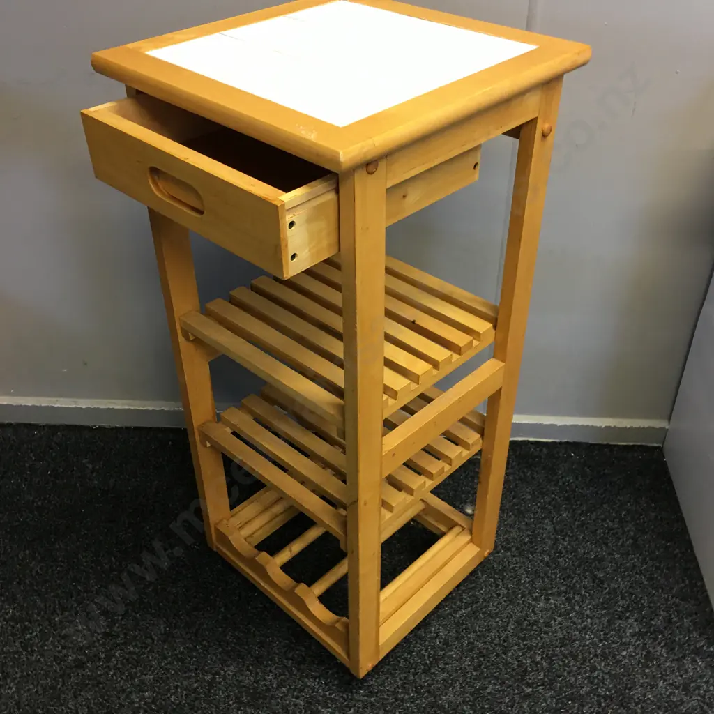 Mobile Wooden Kitchen Utility Trolley, Wine Rack, 2 Slat Shelves, White Tile Top, H87 W39 D39cm Image 1++
