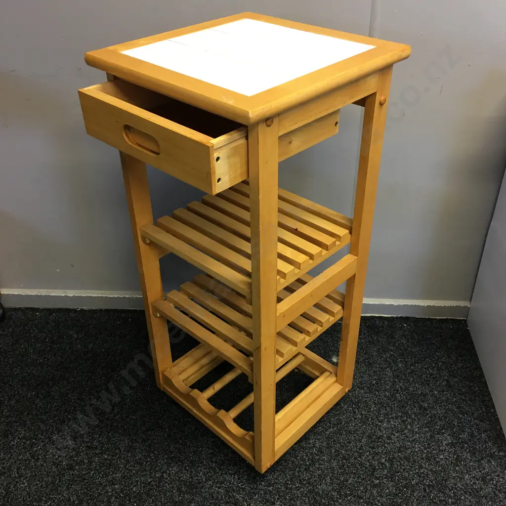 Mobile Wooden Kitchen Utility Trolley, Wine Rack, 2 Slat Shelves, White Tile Top, H87 W39 D39cm Image 1++