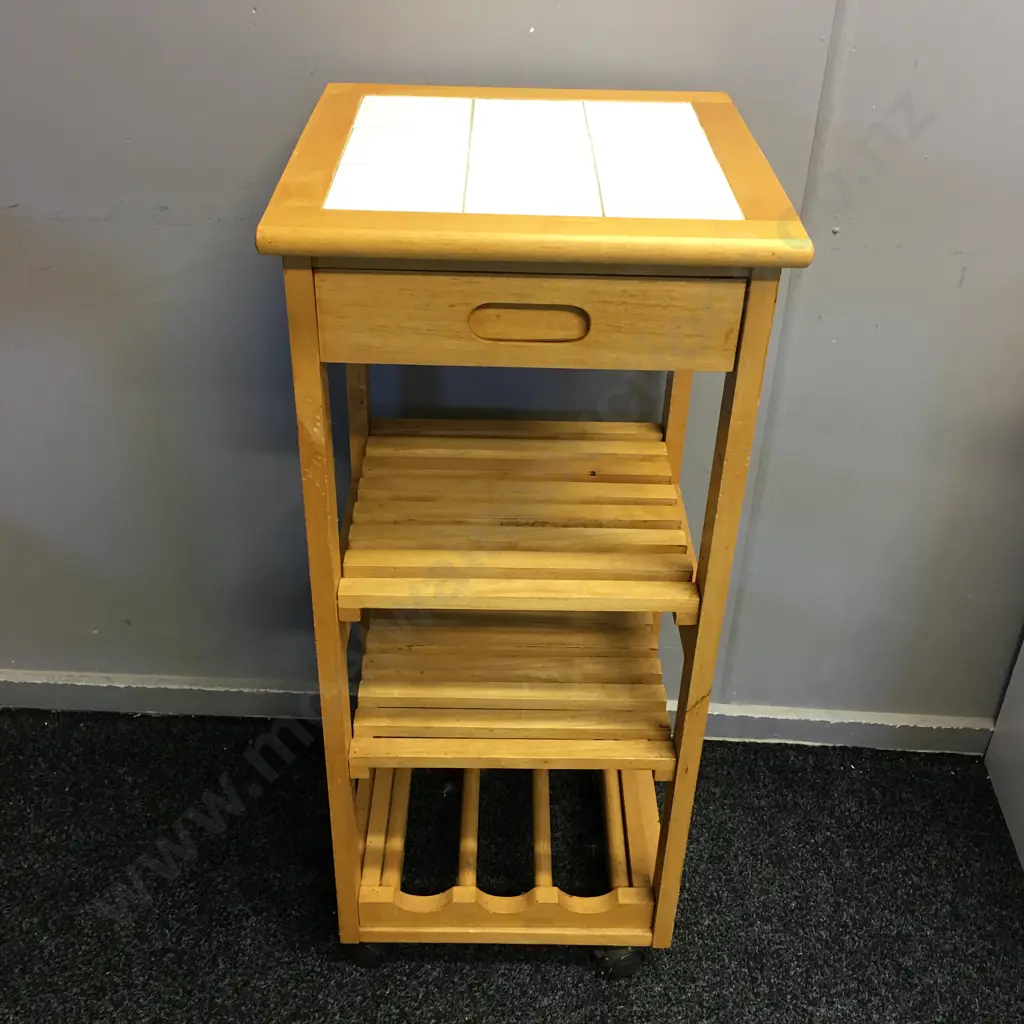 Mobile Wooden Kitchen Utility Trolley, Wine Rack, 2 Slat Shelves, White Tile Top, H87 W39 D39cm Image 1++