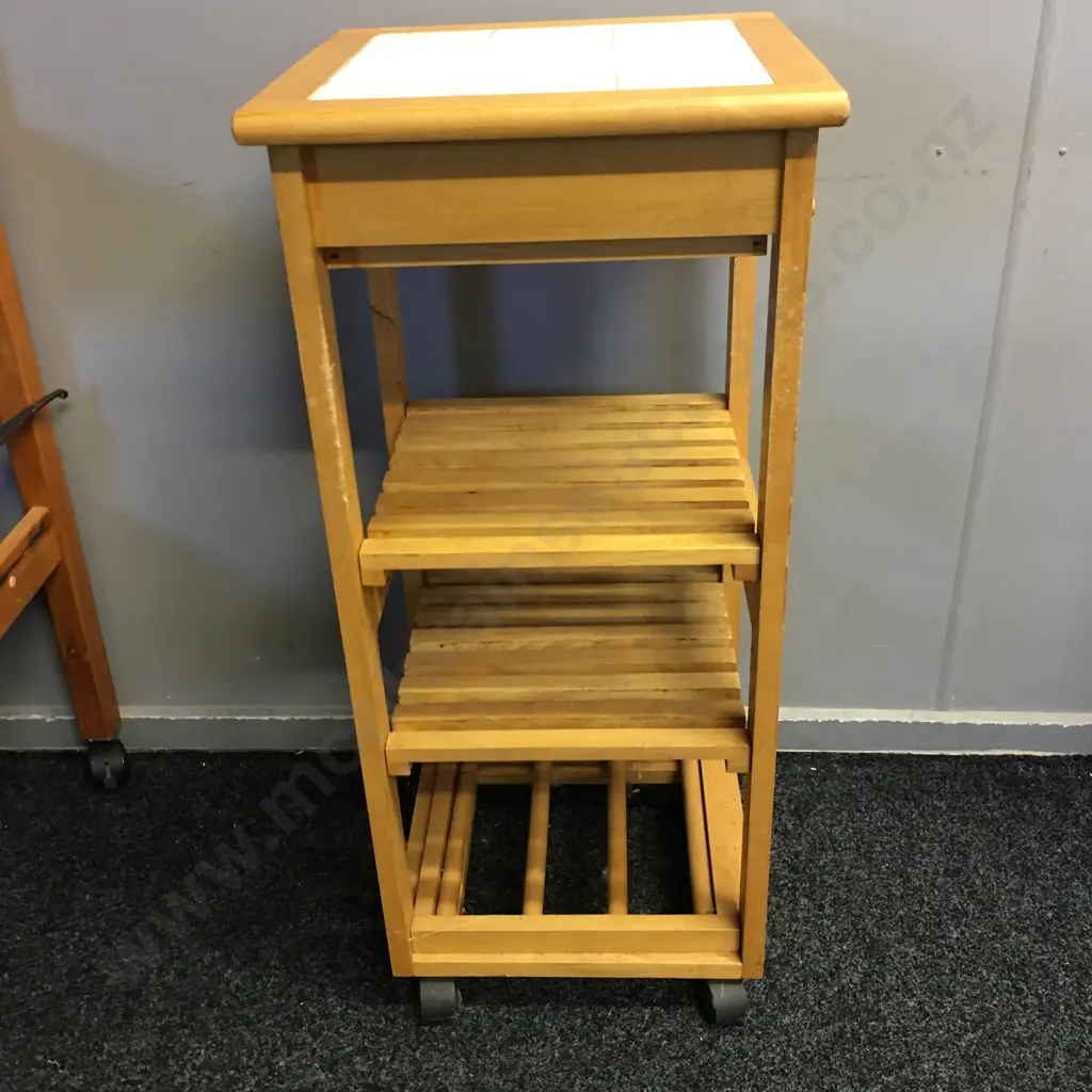 Mobile Wooden Kitchen Utility Trolley, Wine Rack, 2 Slat Shelves, White Tile Top, H87 W39 D39cm Image 1++