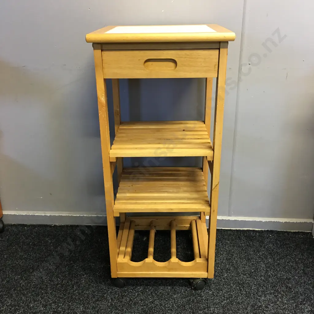 Mobile Wooden Kitchen Utility Trolley, Wine Rack, 2 Slat Shelves, White Tile Top, H87 W39 D39cm Image 1++