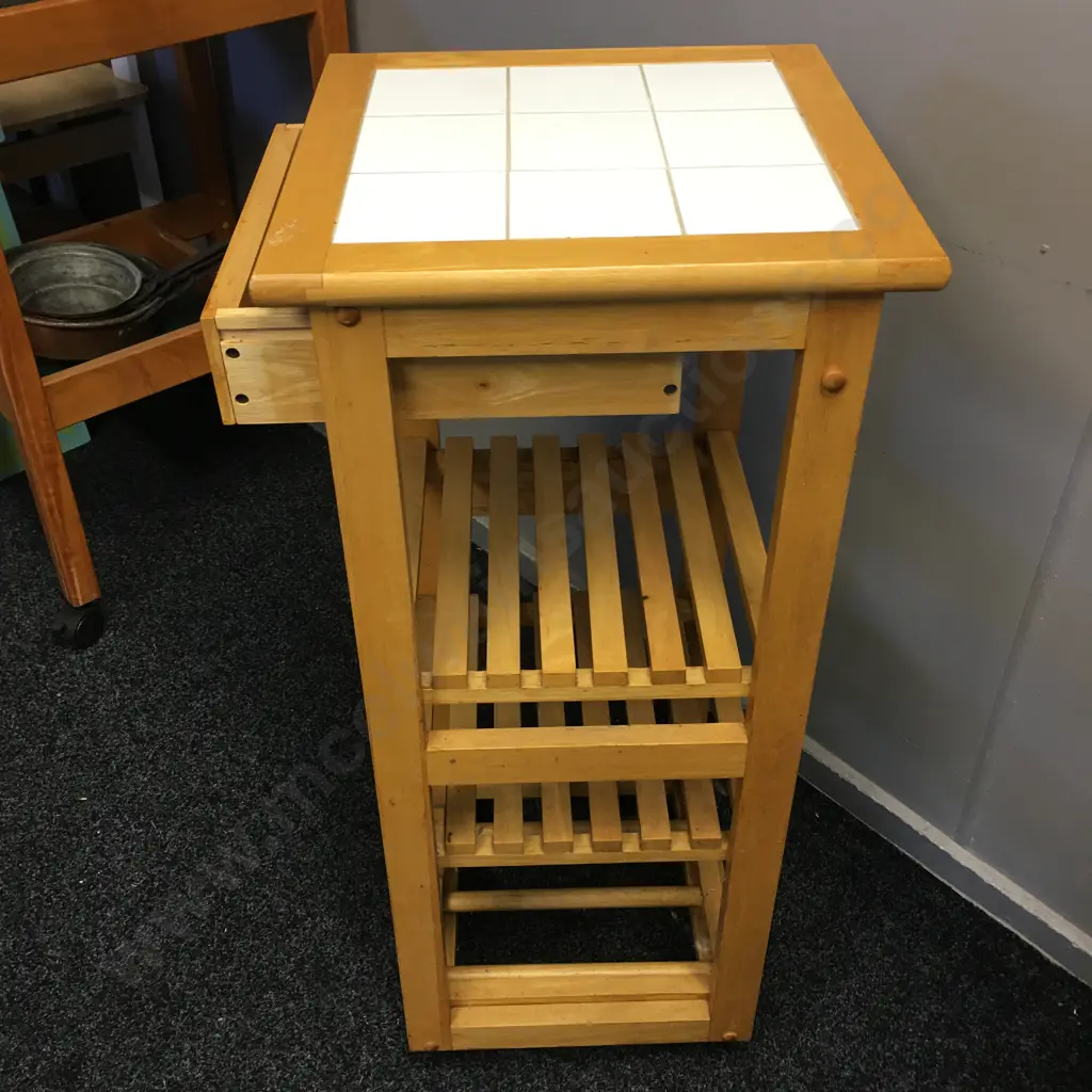 Mobile Wooden Kitchen Utility Trolley, Wine Rack, 2 Slat Shelves, White Tile Top, H87 W39 D39cm Image 1++
