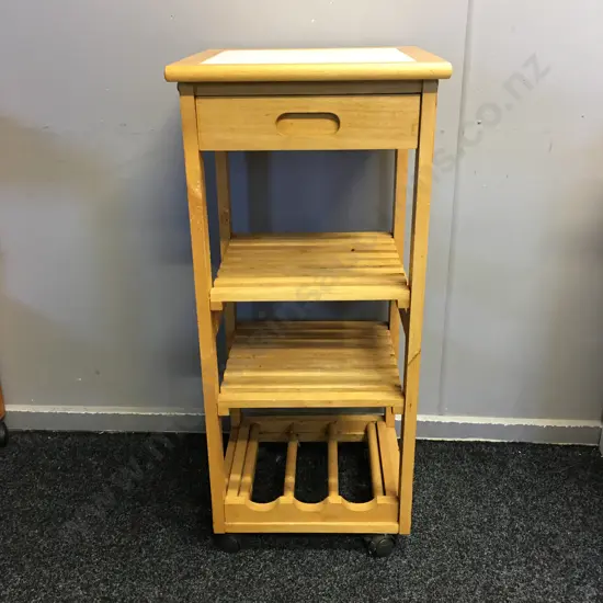 Mobile Wooden Kitchen Utility Trolley, Wine Rack, 2 Slat Shelves, White Tile Top, H87 W39 D39cm