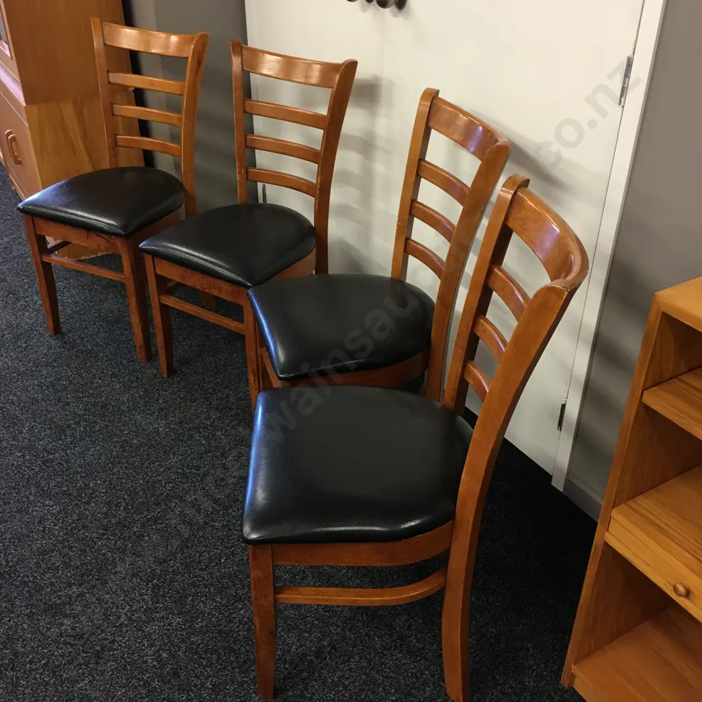 Set of 4 Rubberwood Curved Ladderback Dining Chairs, Black Leather Effect Seats Image 1++