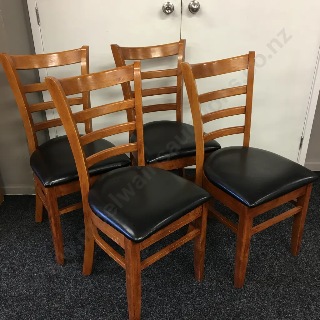Set of 4 Rubberwood Curved Ladderback Dining Chairs, Black Leather Effect Seats Image 1++