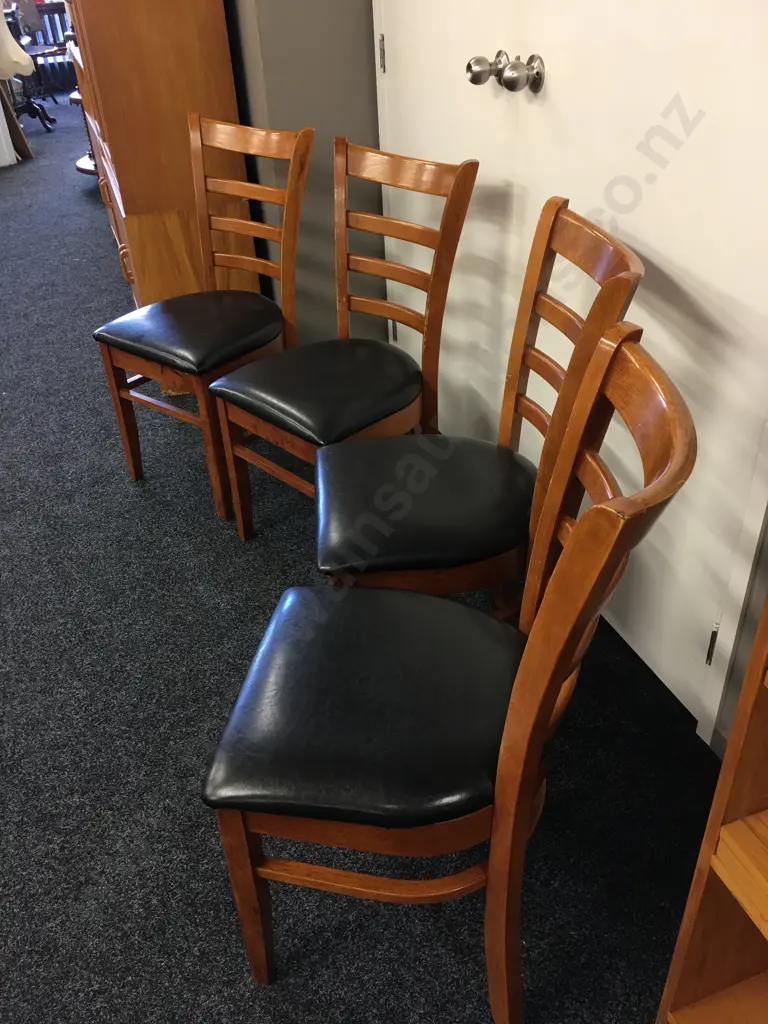 Set of 4 Rubberwood Curved Ladderback Dining Chairs, Black Leather Effect Seats Image 1++
