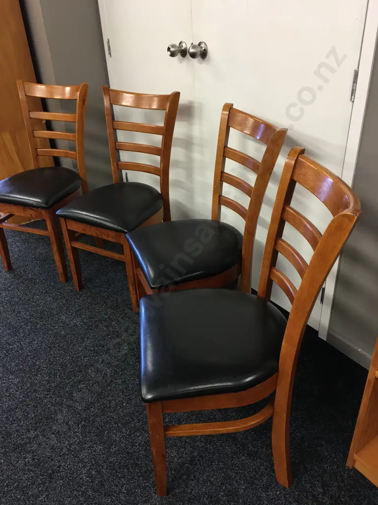 Set of 4 Rubberwood Curved Ladderback Dining Chairs, Black Leather Effect Seats Image 1++