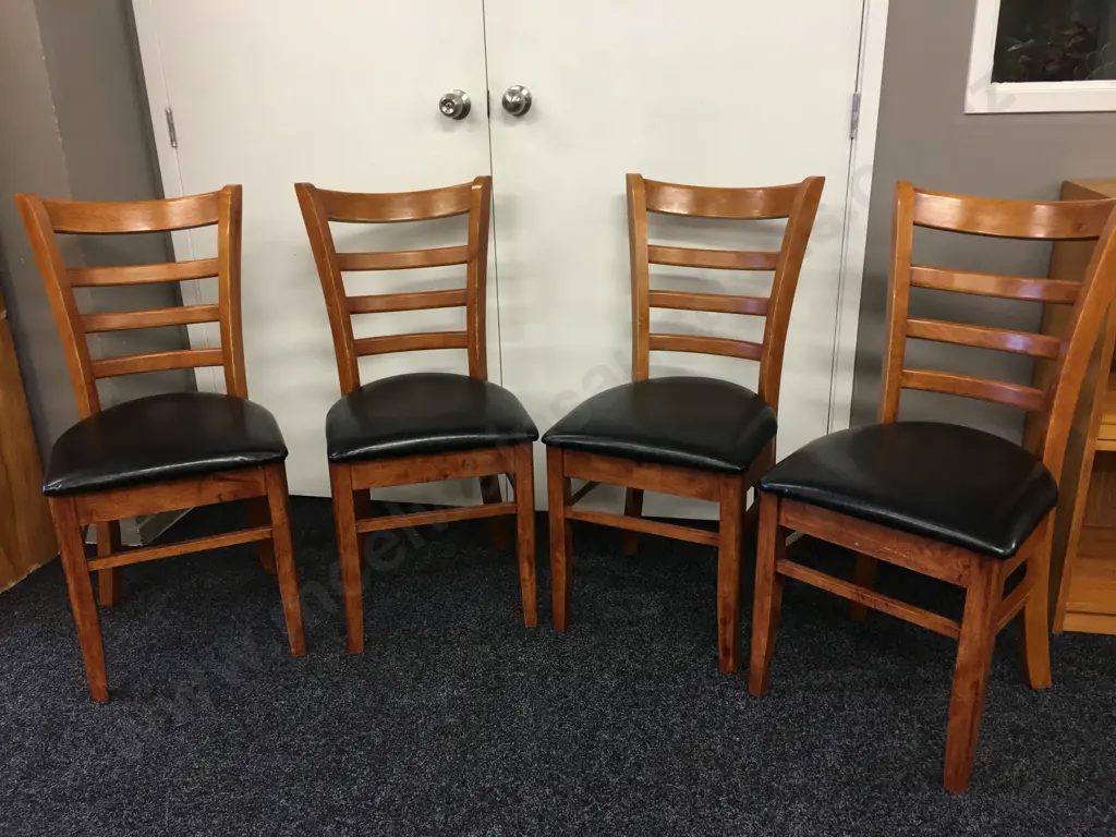 Set of 4 Rubberwood Curved Ladderback Dining Chairs, Black Leather Effect Seats Image 1++