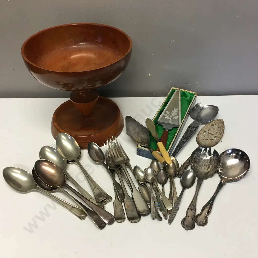Vintage Wooden Bowl & Assorted Cutlery Including Some Hallmarked Image 1++