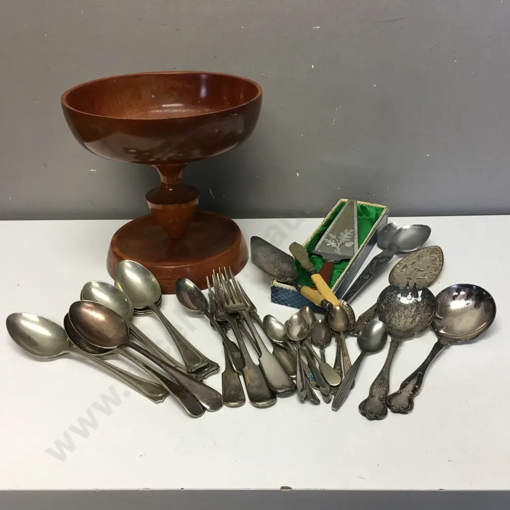 Vintage Wooden Bowl & Assorted Cutlery Including Some Hallmarked Image 1++
