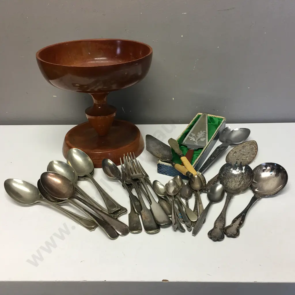 Vintage Wooden Bowl & Assorted Cutlery Including Some Hallmarked Image 1++