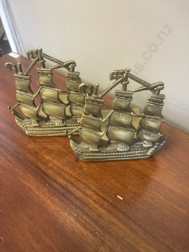 Pair of Vintage Brass Sailing Ship Bookends Image 1++
