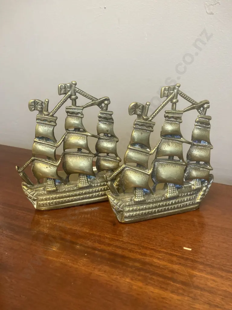 Pair of Vintage Brass Sailing Ship Bookends Image 1++