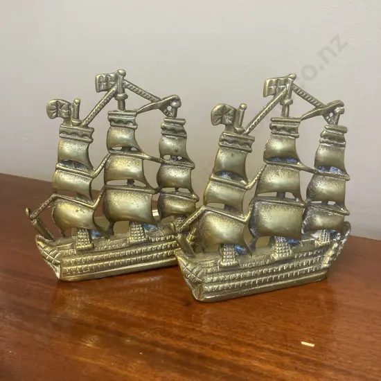 Pair of Vintage Brass Sailing Ship Bookends