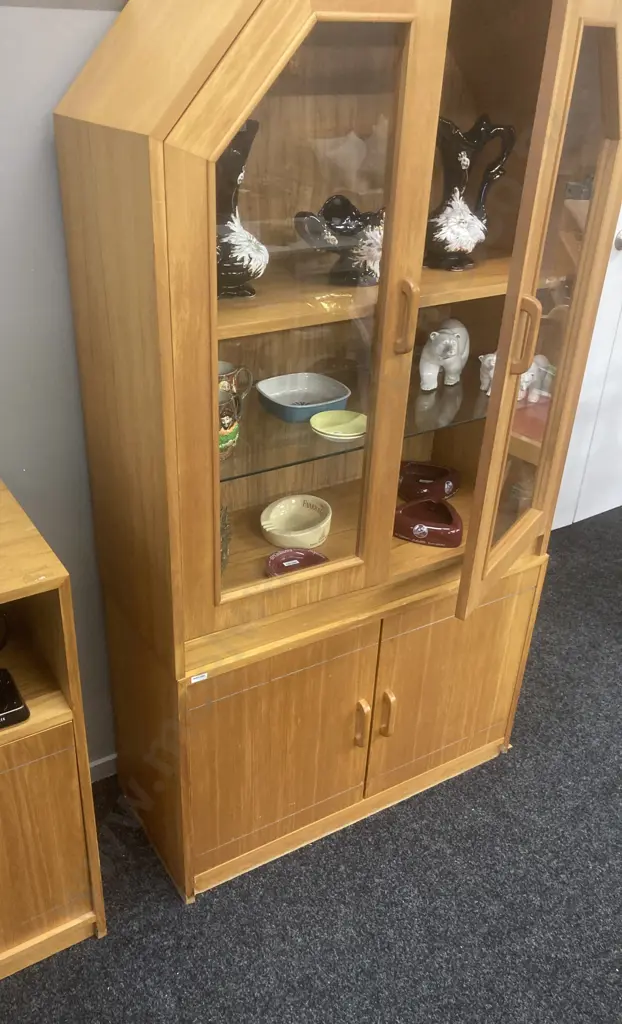 Danske Mobler Rimu Effect Display Cabinet, 2 Glass Doors, Illuminated, 2 Piece, H168 W89 D38cm Image 1++