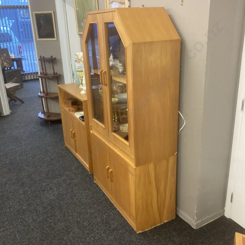 Danske Mobler Rimu Effect Display Cabinet, 2 Glass Doors, Illuminated, 2 Piece, H168 W89 D38cm Image 1++