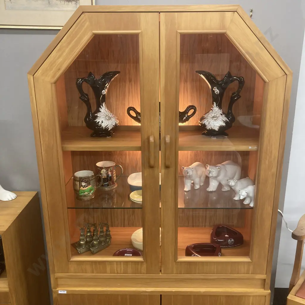 Danske Mobler Rimu Effect Display Cabinet, 2 Glass Doors, Illuminated, 2 Piece, H168 W89 D38cm Image 1++