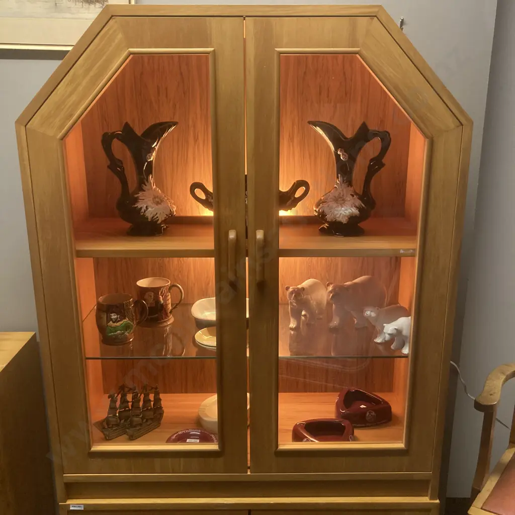 Danske Mobler Rimu Effect Display Cabinet, 2 Glass Doors, Illuminated, 2 Piece, H168 W89 D38cm Image 1++