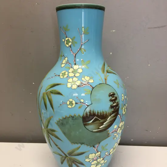 Oriental Themed Vase, Blue With Relief Detail, H31cm